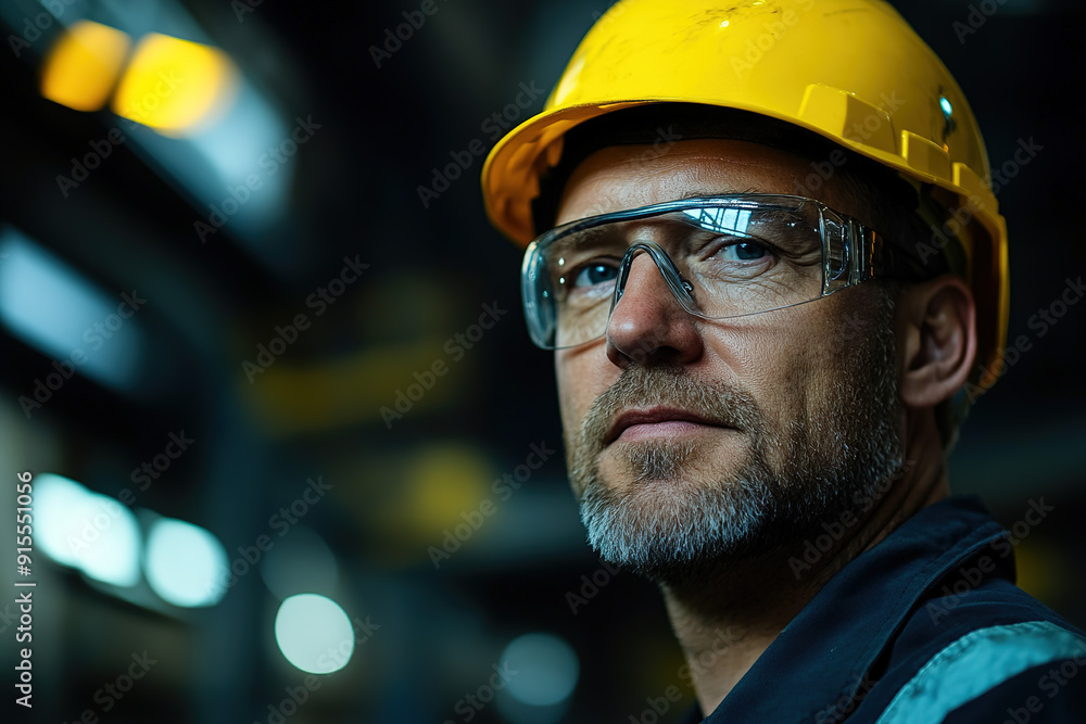 Experienced steel worker in safety gear and a yellow helmet, posing in front of a blurred industrial background. Focuses on professionalism, safety, and industrial work environment. Experienced steel worker in safety gear and a yellow helmet, posing in front of a blurred industrial background. Focuses on professionalism, safety, and industrial work environment.