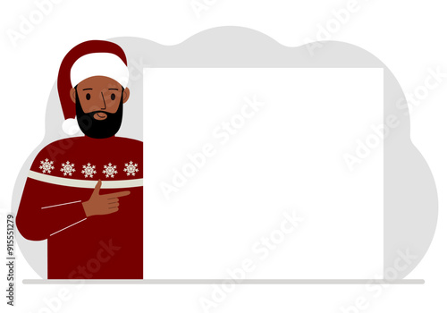 A man in a red sweater near a large white sheet. Advertising, invitation, discount for Christmas or New Year. Vector flat illustration