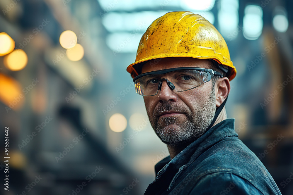 Experienced steel worker in safety gear and a yellow helmet, posing in front of a blurred industrial background. Focuses on professionalism, safety, and industrial work environment. Experienced steel worker in safety gear and a yellow helmet, posing in front of a blurred industrial background. Focuses on professionalism, safety, and industrial work environment.