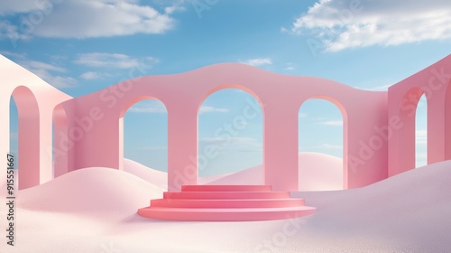 A bright pink arch stands out amidst sandy dunes in a desert landscape photo