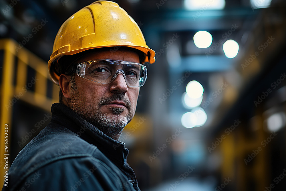 Middle-aged worker in a steel plant wearing a yellow helmet and safety glasses, standing with a blurred factory backdrop. Highlights safety, professionalism, and manufacturing skills. Middle-aged worker in a steel plant wearing a yellow helmet and safety glasses, standing with a blurred factory backdrop. Highlights safety, professionalism, and manufacturing skills.