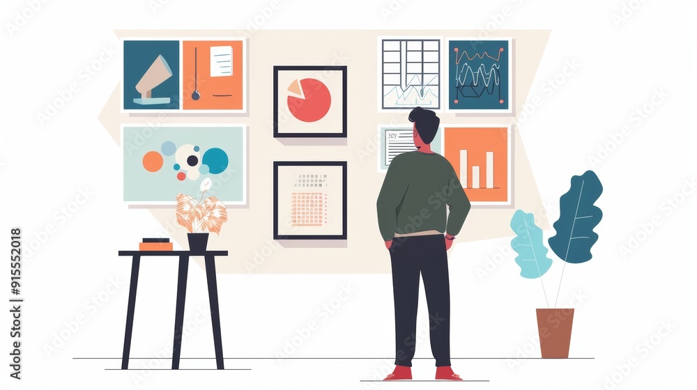 Man Analyzing Business Charts and Graphs on Wall Man Analyzing Business Charts and Graphs on Wall