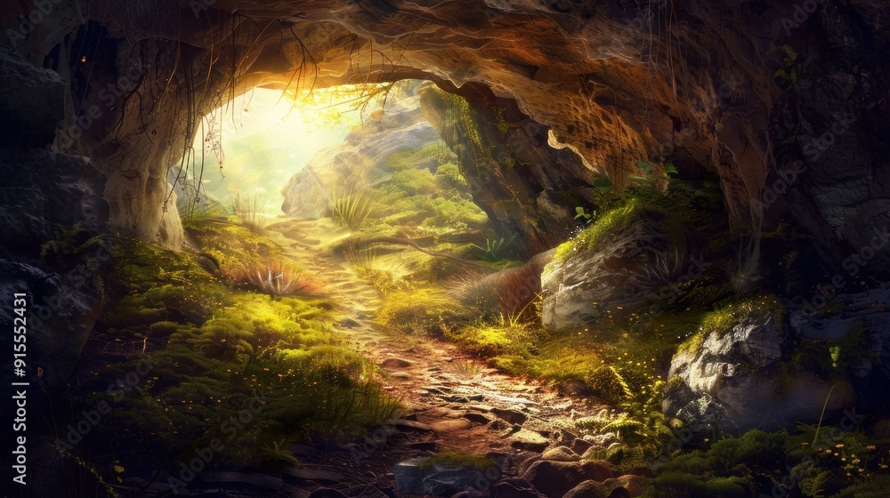 Sunlit Path Through Cave Entrance. Sunlit Path Through Cave Entrance.