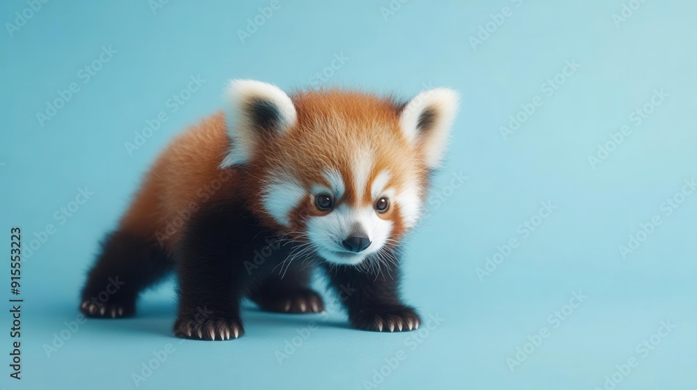 Red panda cub playing with a blue background, isolated, delightful wildlife Red panda cub playing with a blue background, isolated, delightful wildlife