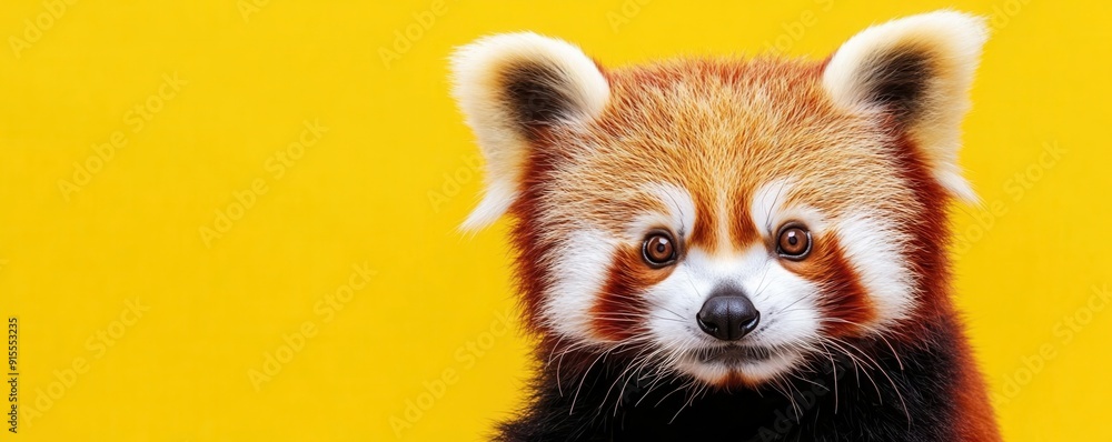 Playful red panda climbing with a yellow background, isolated, vibrant animal Playful red panda climbing with a yellow background, isolated, vibrant animal