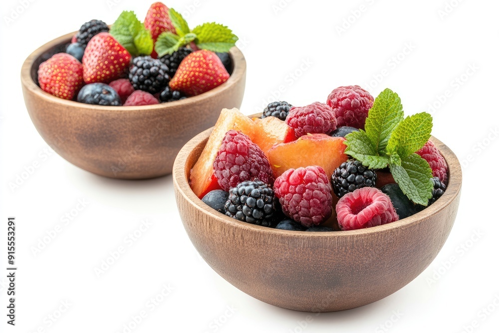 Fresh Berries and Peach Slices in a Wooden Bowl Fresh Berries and Peach Slices in a Wooden Bowl