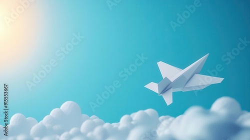 Origami airplane soaring through the sky, paper art, aviation concept