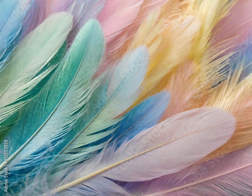 Pastel color feather pattern background. Close up to bright colorful feathers background