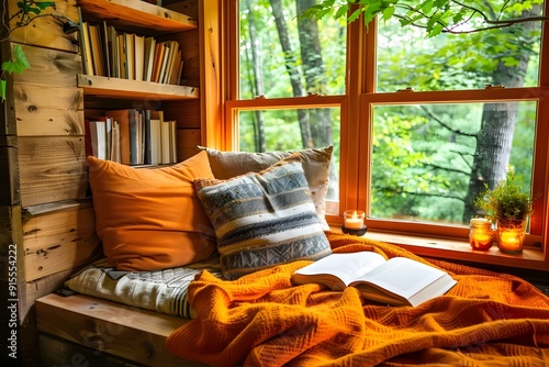 Cozy Cabin Window Seat with Book and Candles. photo