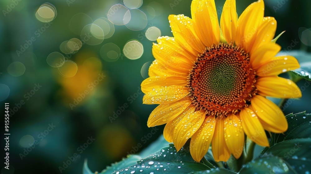 Refreshing Morning Sparkle - Close-up of a Sunflower with Dew Drops Refreshing Morning Sparkle - Close-up of a Sunflower with Dew Drops