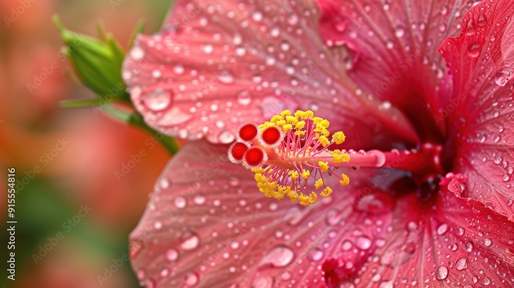 Vivid Close-up of a Hibiscus Flower with Sparkling Raindrops - Nature Background with Water Droplets on Crimson Petals Vivid Close-up of a Hibiscus Flower with Sparkling Raindrops - Nature Background with Water Droplets on Crimson Petals