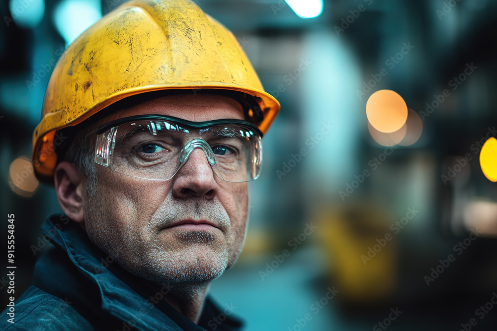 Confident middle-aged steel plant worker with a yellow helmet and safety glasses, looking at the camera with a blurred industrial background. Emphasizes safety and industrial experience. Confident middle-aged steel plant worker with a yellow helmet and safety glasses, looking at the camera with a blurred industrial background. Emphasizes safety and industrial experience.