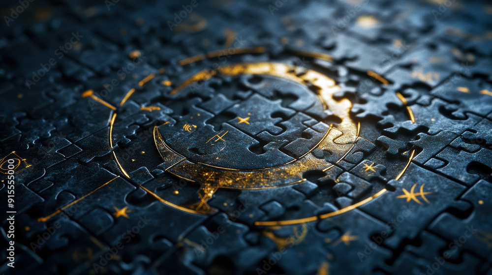 A puzzle with a crescent moon on it. The puzzle is blue and gold A puzzle with a crescent moon on it. The puzzle is blue and gold