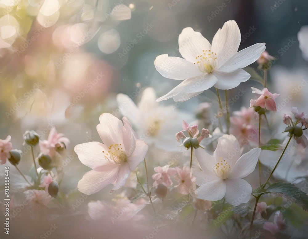 Obraz premium A serene display of delicate flowers bathed in soft pastel colors, A quaint flower shop adorned with an abundance of colorful flowers on display