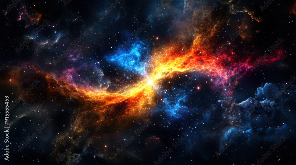 Naklejka premium A colorful galaxy with a red and blue spiral. The colors are vibrant and the stars are scattered throughout the sky