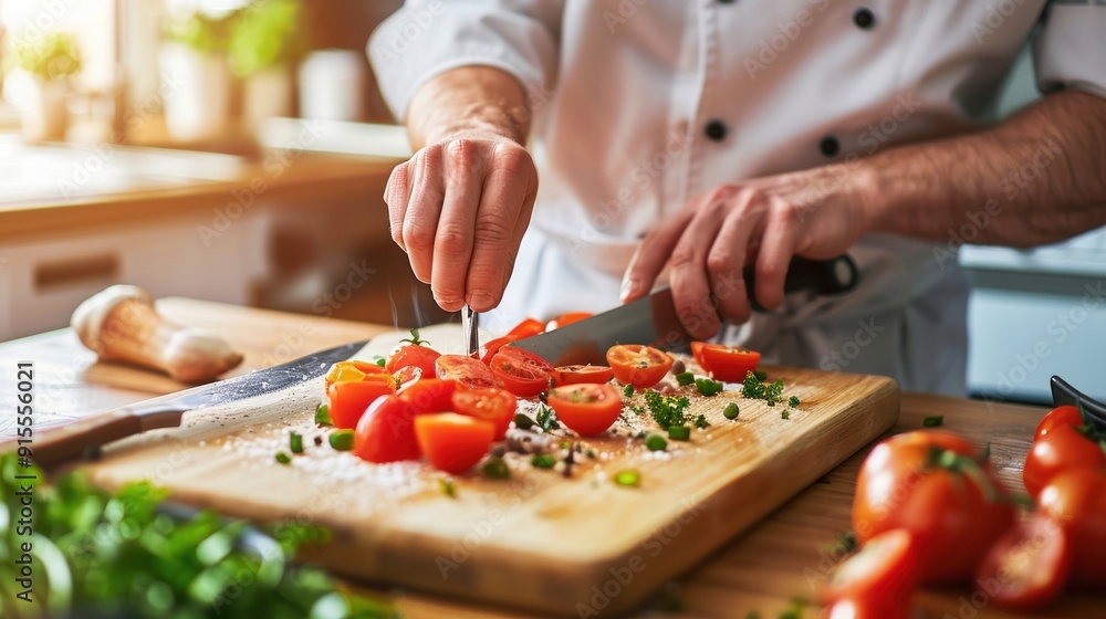 Chef preparing salad on a wooden cutting board. Chef preparing salad on a wooden cutting board.