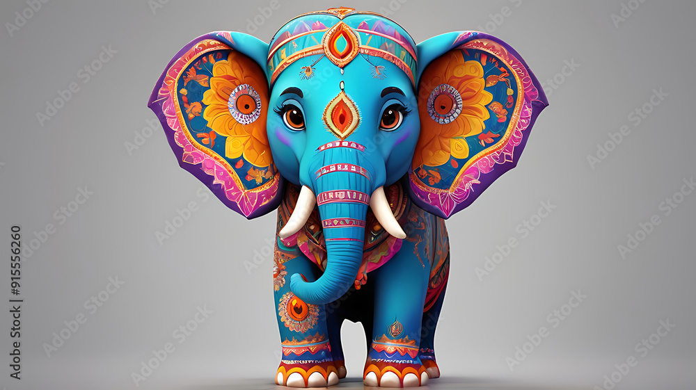 Obraz premium A 3D cute cartoon style Ganesha, the Hindu elephant-headed god, with a round belly, big eyes, and a gentle smile, set against a simple background