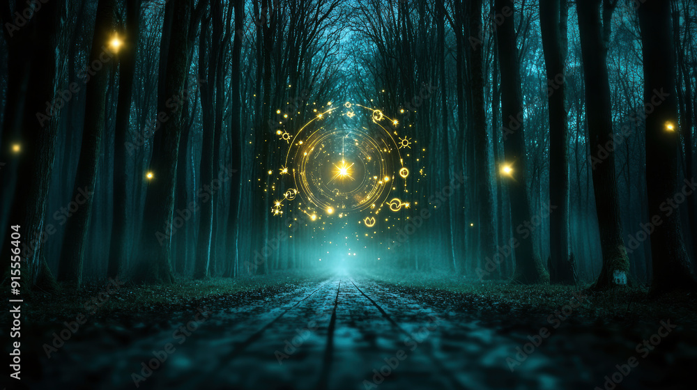 A forest at night with a glowing orb in the middle. The orb is ...