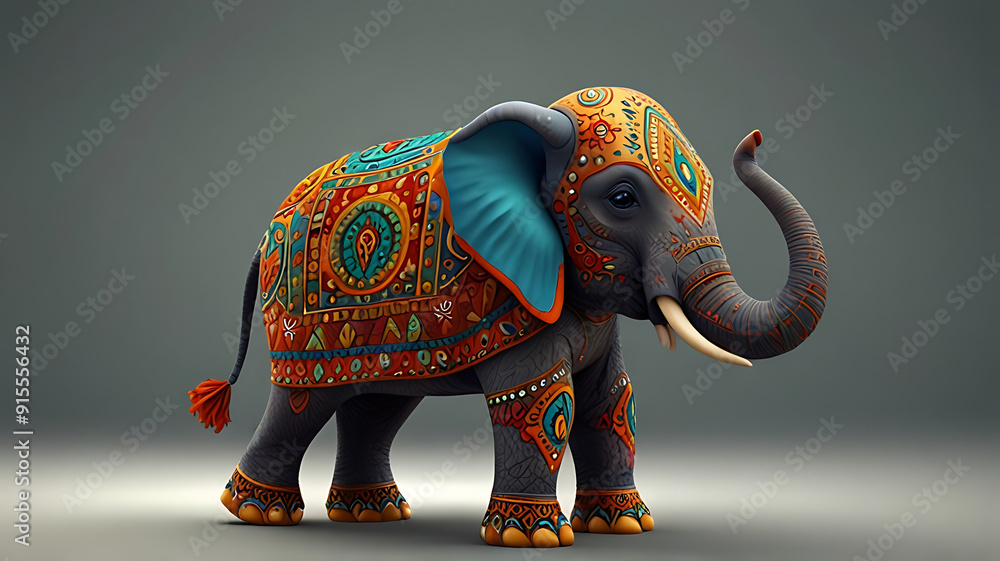 Obraz premium A 3D cute cartoon style Ganesha, the Hindu elephant-headed god, with a round belly, big eyes, and a gentle smile, set against a simple background
