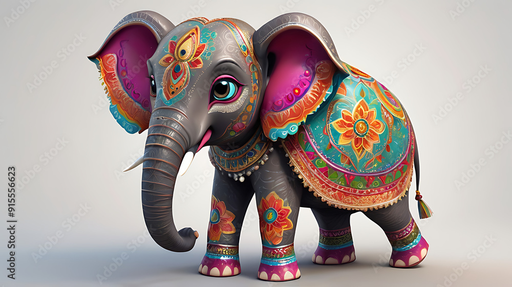 Obraz premium A 3D cute cartoon style Ganesha, the Hindu elephant-headed god, with a round belly, big eyes, and a gentle smile, set against a simple background
