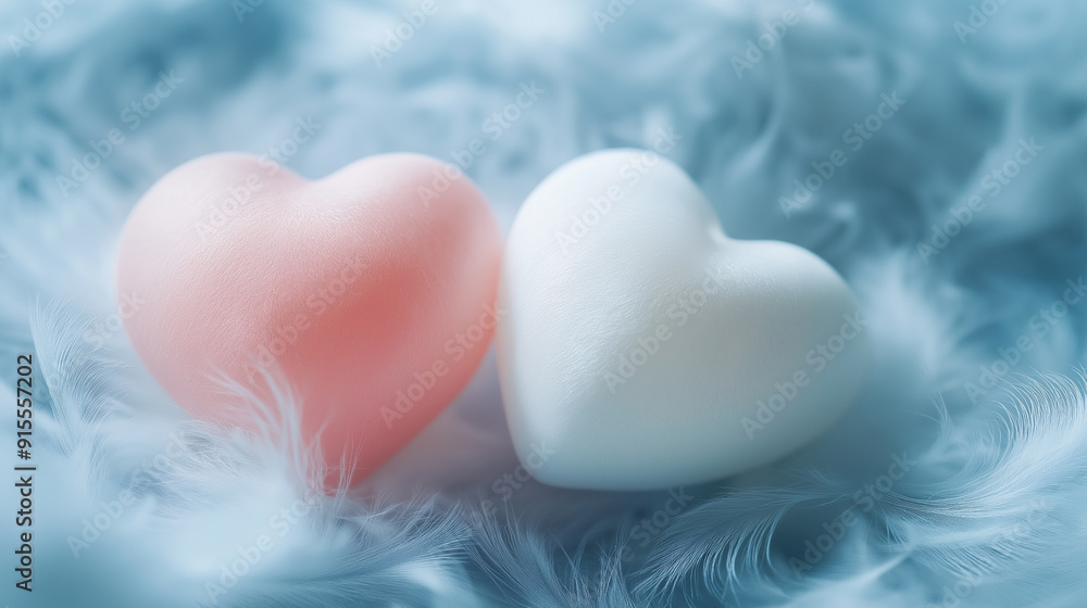 Two heart-shaped soap bars, one pink and one white, resting on soft, fluffy feathers. Two heart-shaped soap bars, one pink and one white, resting on soft, fluffy feathers.