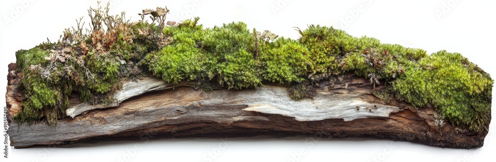 Fototapeta premium Green moss on rotten branches of a plant on a white background.