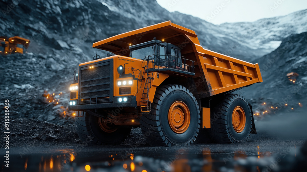 A large orange mining dump truck is parked in a rugged, mountainous, and industrial setting. The truck is illuminated with bright lights and is designed for heavy-duty usage. A large orange mining dump truck is parked in a rugged, mountainous, and industrial setting. The truck is illuminated with bright lights and is designed for heavy-duty usage.