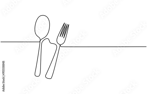 spoon fork place mat one line drawing continuous, Tableware Continuous Line Illustration, Line drawing of a fork, knife, and plate. A continuous one-line sketch of cutlery and kitchen utensils.