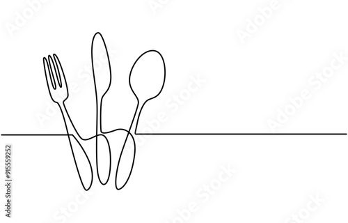 spoon fork place mat one line drawing continuous, Tableware Continuous Line Illustration, Line drawing of a fork, knife, and plate. A continuous one-line sketch of cutlery and kitchen utensils.