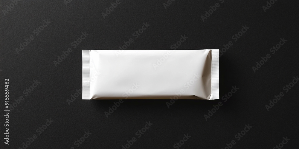 White blank packaging mockup of a single candy bar on a black background, top view White blank packaging mockup of a single candy bar on a black background, top view