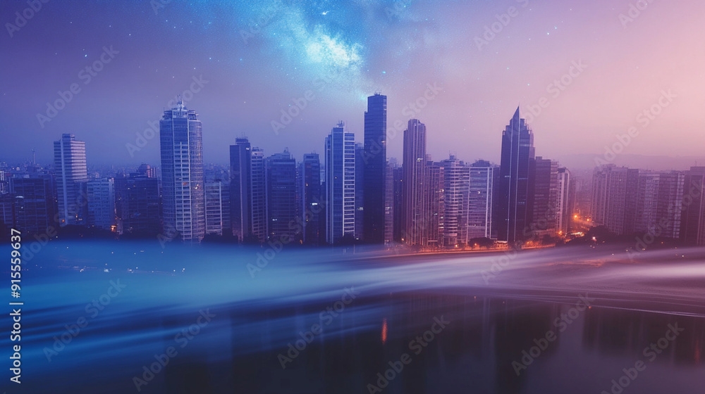 Fototapeta premium Cityscape with skyscrapers lighting up at twilight under a starry sky
