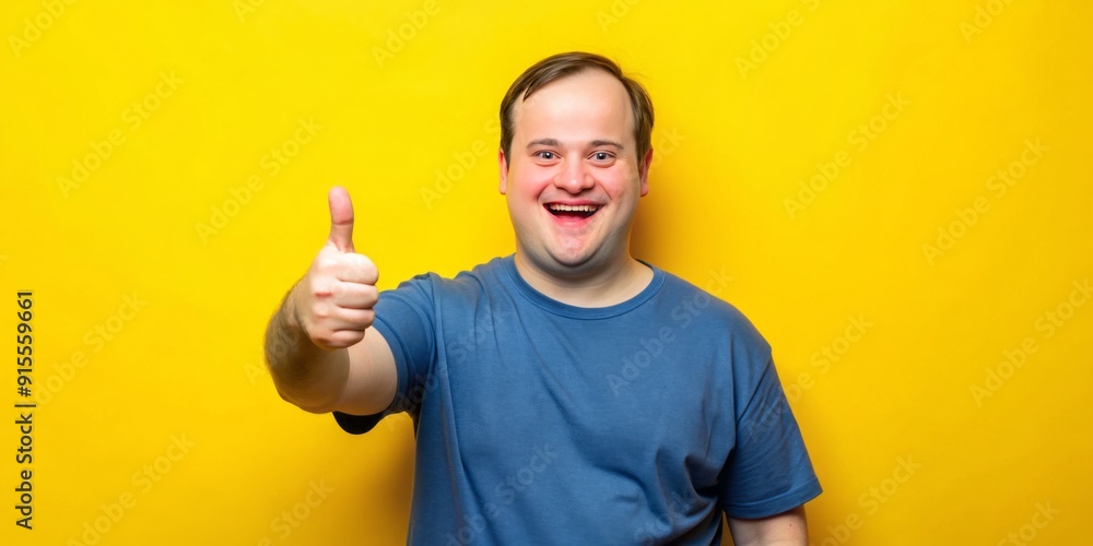 Naklejka premium Smiling man with Down syndrome stands confidently against a bright yellow background, enthusiastically giving a thumbs up gesture, exuding joy and positivity.