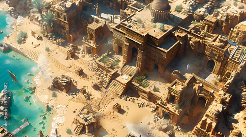 Produce a detailed illustration of an ancient city being unearthed, showing structures and artifacts in situ