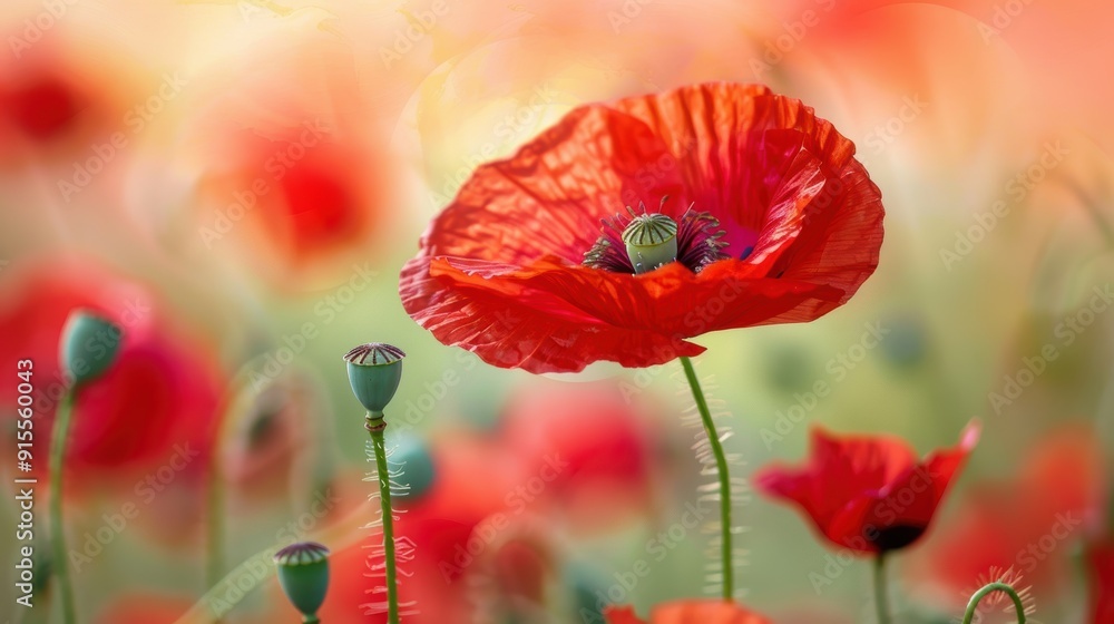 Obraz premium Vibrant Close-up of Red Poppy Flower with Green Stem in Natural Light