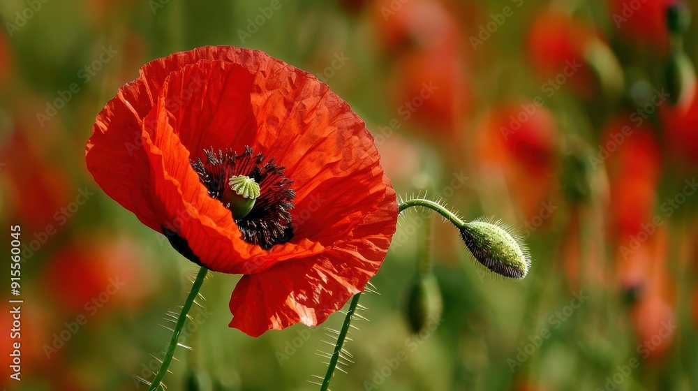 Obraz premium Vibrant Close-Up of a Red Poppy Flower with Green Stem in Natural Light
