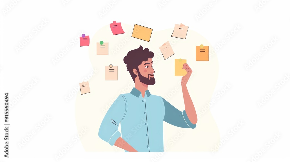 Man Thinking With Sticky Notes: Brainstorming Ideas for Success Man Thinking With Sticky Notes: Brainstorming Ideas for Success