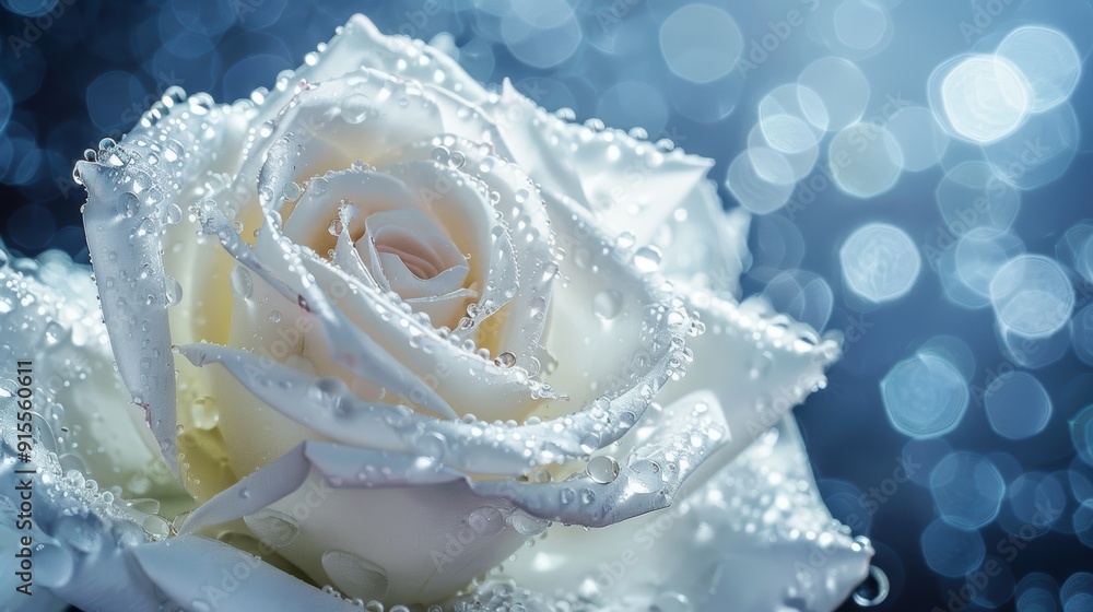 Pristine Beauty: Close-up of a White Rose Glistening with Dew Drops Pristine Beauty: Close-up of a White Rose Glistening with Dew Drops