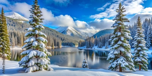 Snow-covered subalpine fir, limber pine, and ancient bristlecone pine trees stand tall amidst a serene winter wonderland scene at Echo Lake, Idaho Springs, Colorado. photo