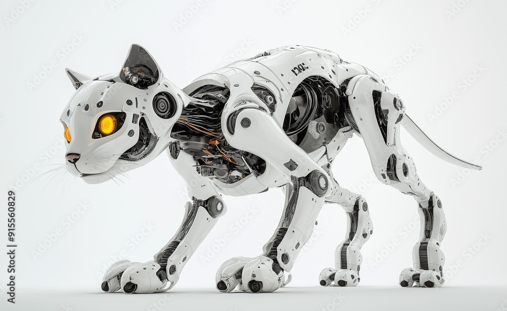Futuristic robotic cat with sleek white design and glowing blue eyes, showcasing advanced technology. Futuristic robotic cat with sleek white design and glowing blue eyes, showcasing advanced technology.