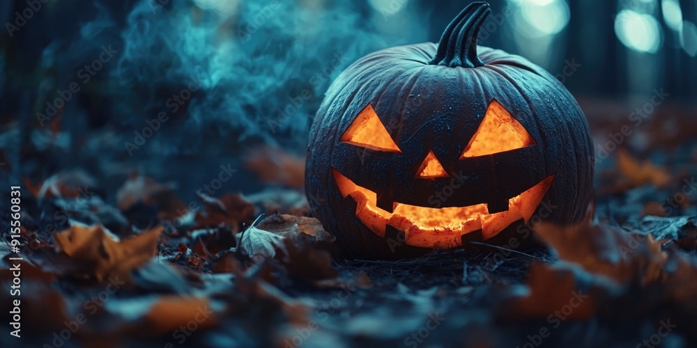 Fototapeta premium A carved Halloween pumpkin sits atop a pile of colorful leaves, perfect for autumn or fall-themed designs