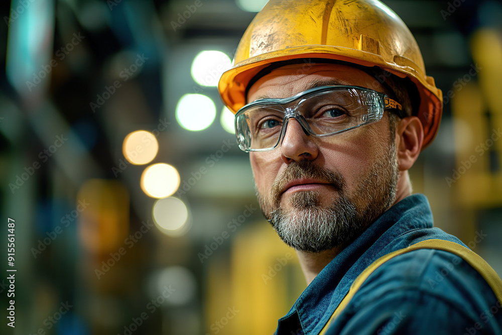 Middle-aged professional in a steel plant with safety gear and a yellow helmet, posing in front of a blurred industrial backdrop. Focuses on safety and manufacturing professionalism. Middle-aged professional in a steel plant with safety gear and a yellow helmet, posing in front of a blurred industrial backdrop. Focuses on safety and manufacturing professionalism.