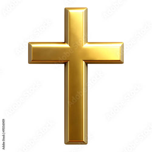 metalic christian cross made of gold isolated on transparent background. High quality photo