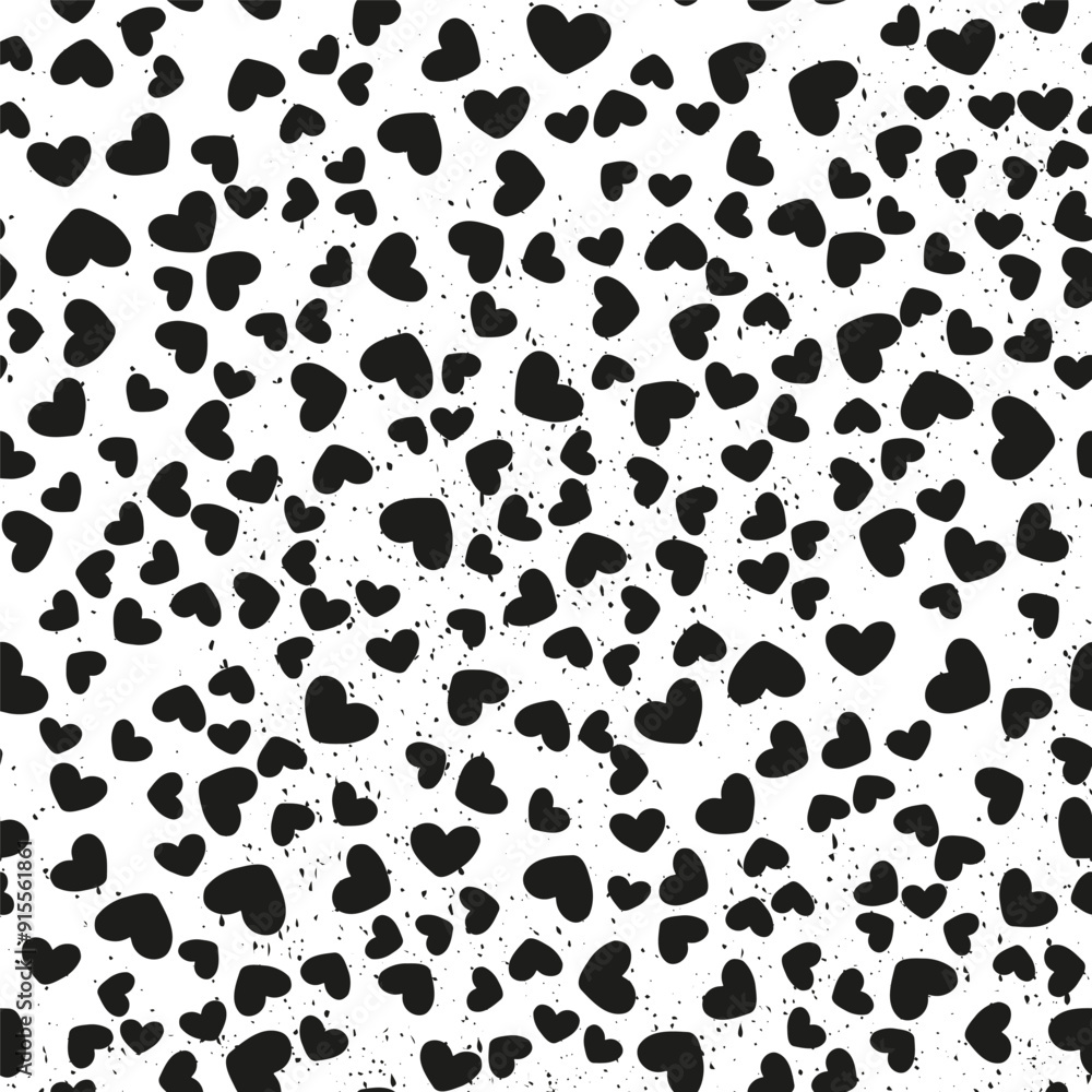 Seamless pattern with black and white ditsy hearts and grunge texture. Romantic monochrome repeat background. Seamless pattern with black and white ditsy hearts and grunge texture. Romantic monochrome repeat background.