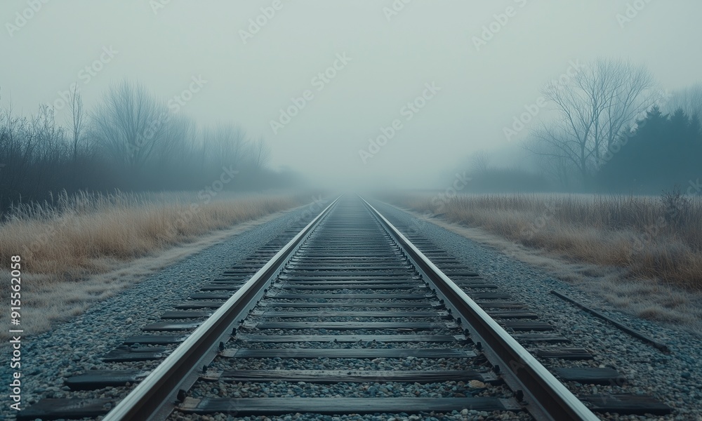 Cinematic Mystery: Empty Train Tracks Vanishing into the Fog Cinematic Mystery: Empty Train Tracks Vanishing into the Fog