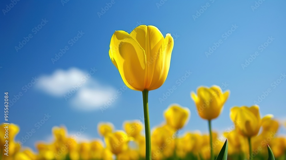 Fototapeta premium Vibrant Yellow Tulip Blossom Against Clear Blue Sky Close-Up Background