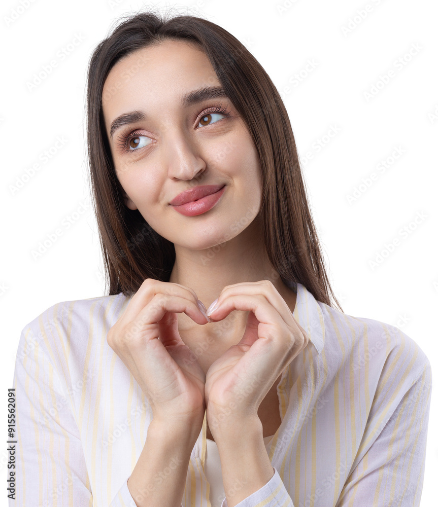 Portrait of a smiling young woman showing heart gesture with her fingers isolated over white background Portrait of a smiling young woman showing heart gesture with her fingers isolated over white background