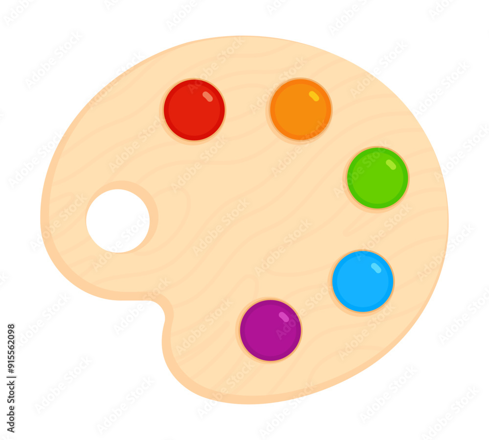 Fototapeta premium Wooden artist's palette with colorful paint blobs. Flat vector illustration isolated on white background. Art and creativity concept. Perfect for educational materials and design projects