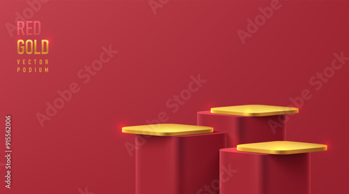 Realistic 3D round corner cube stand podium set in red and golden on dark red wall scene. Minimalist 3D mockup pedestal, Abstract product display presentation, Stage showcase. Platforms vector design.