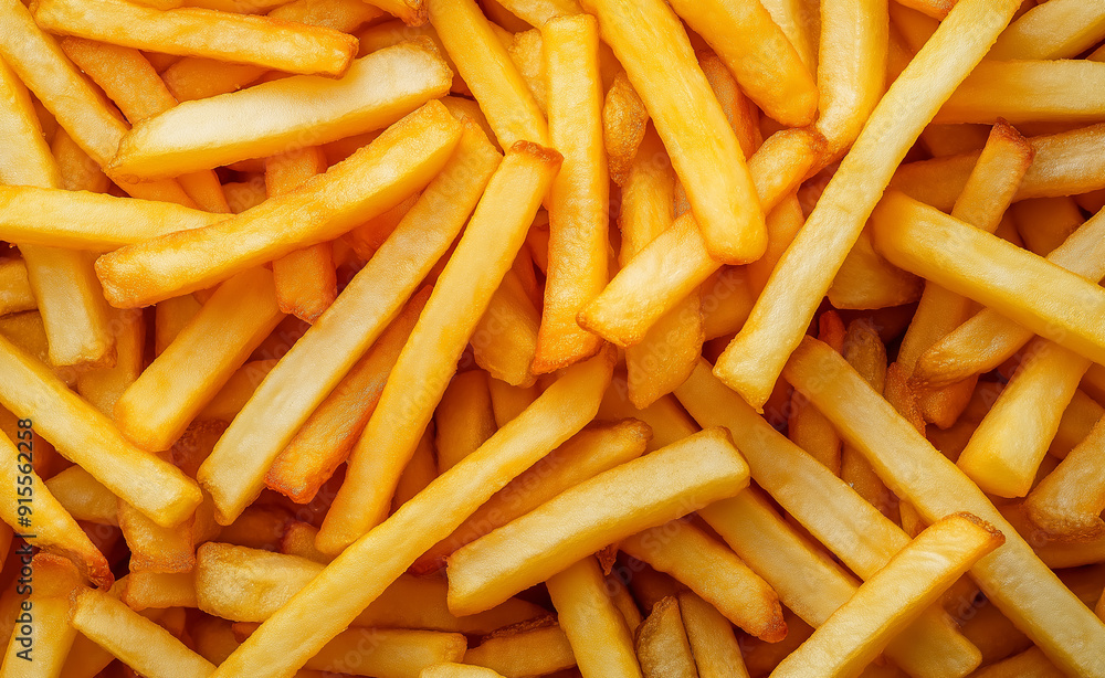 Close-up of golden, crispy French fries arranged in a pile.