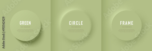 Set of 3D round circles frame on olive green background with light and shadow. Abstract geometric pedestal podium for product display or copy space in top view, Minimal neumorphism design. Vector EPS.
